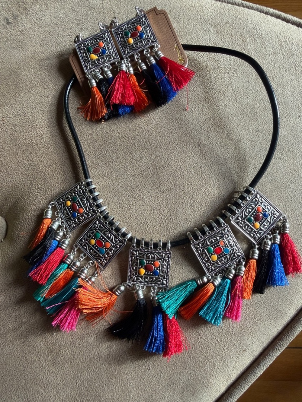 Boho Multicolor Tassel Statement Necklace and Earring Set